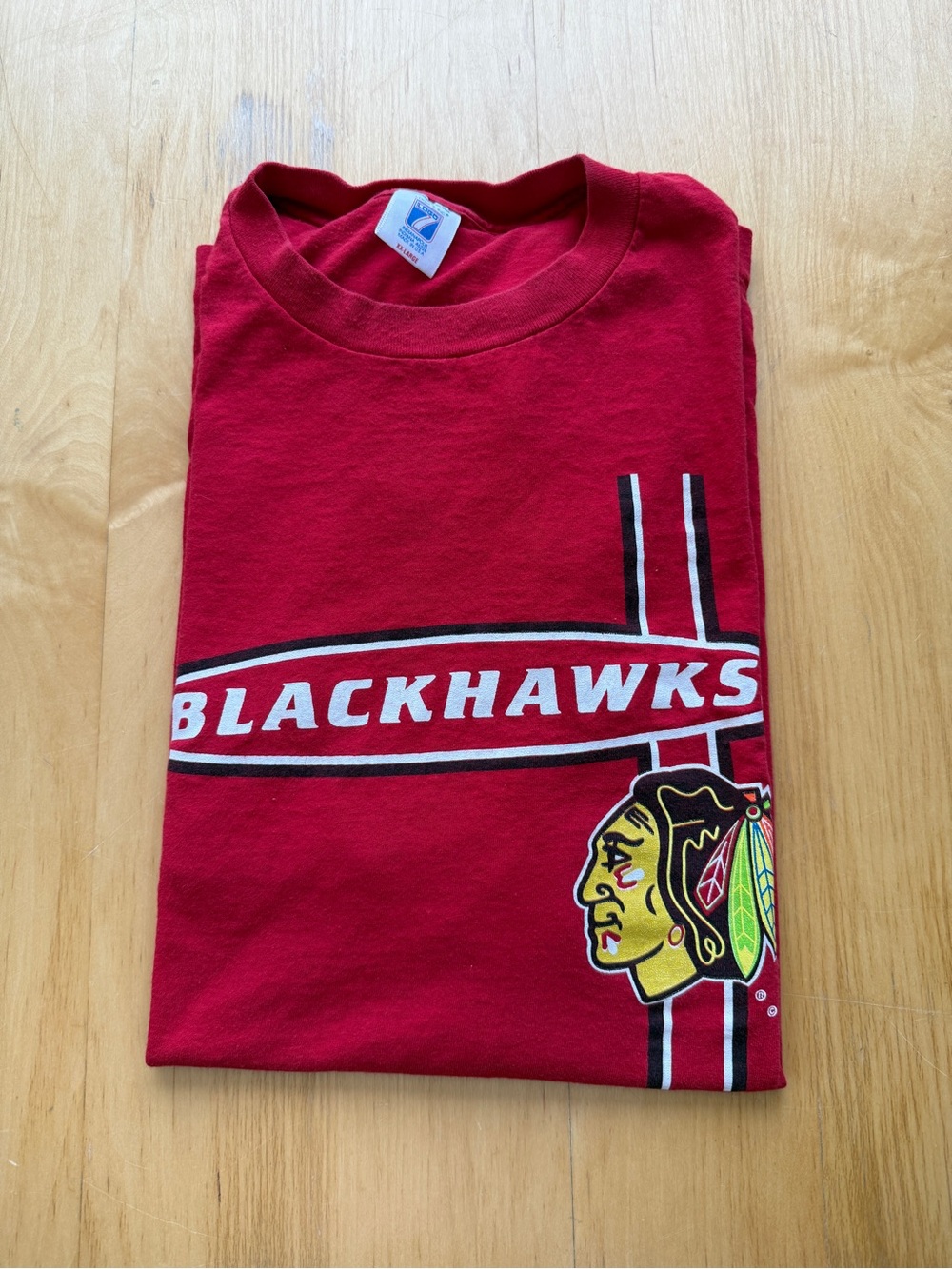 Vintage Logo 7 Chicago Blackhawks NHL USA Made T Shirt Red XL 90s Hockey